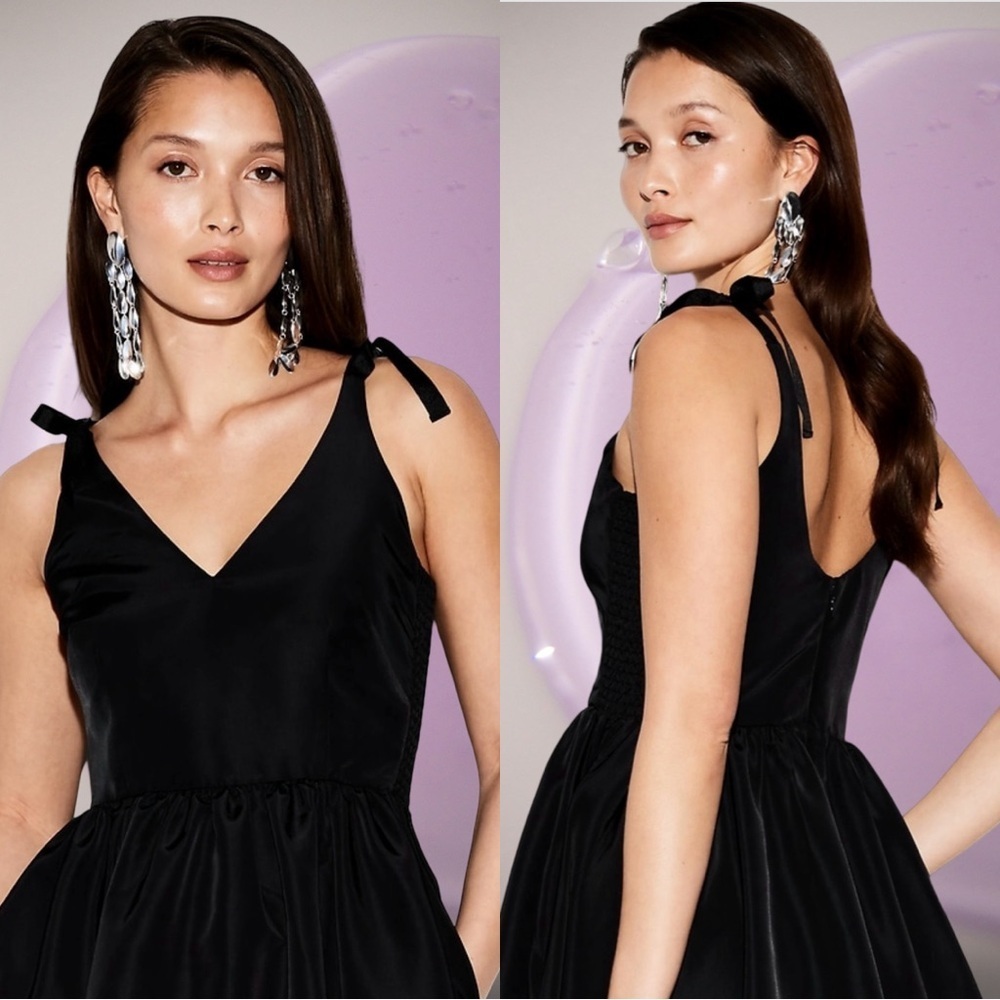 NWTS💓OCCASION OLD NAVY L💓BLACK TAFFETA FIT & FLARE SEING DRESS BACK ZIP & BOWS - Picture 2 of 16